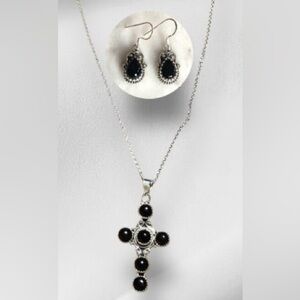 NEW Black Onyx Sterling Silver Cross with Chain and Dangle Earrings Set